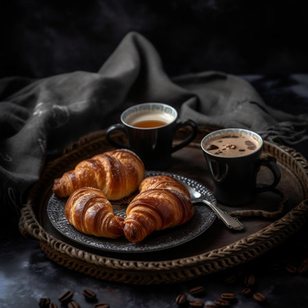 Morning Delights Coffee and Croissants on a Black Table AIの素材