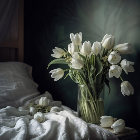 Elegant Blooms: White Tulip Bouquet on the Bed AIの素材
