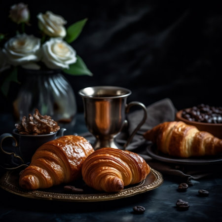 Morning Delights Coffee and Croissants on a Black Table AIの素材