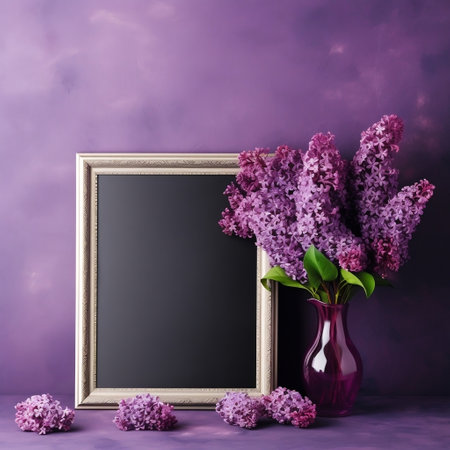 Vase Adorned with a Bouquet of Purple Lilacs Surrounding an Empty Frame AIの素材