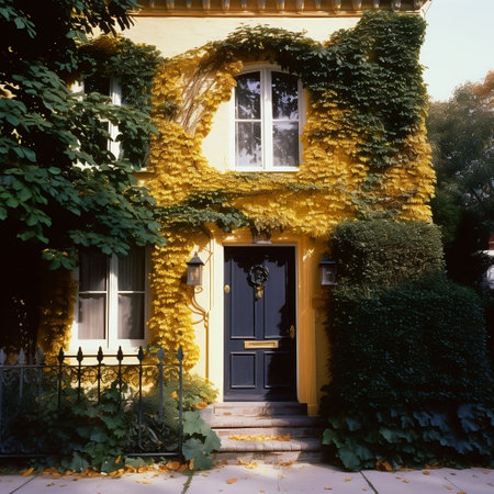 Ivy-Adorned House with a Yellow Door AIの素材