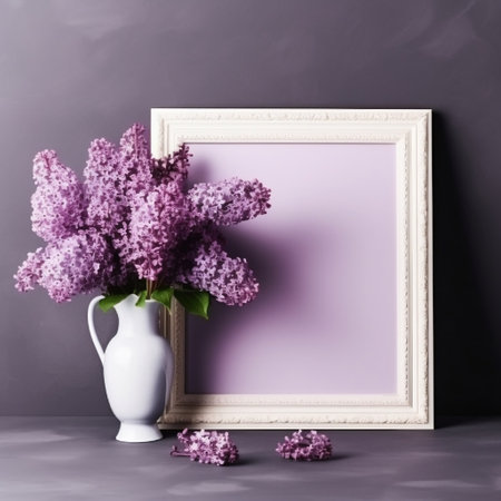 Vase Adorned with a Bouquet of Purple Lilacs Surrounding an Empty Frame AIの素材