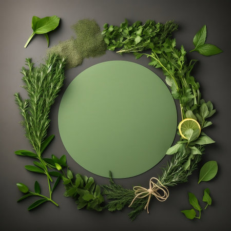 Circle of Fresh Green Herbs with Empty Space AIの素材