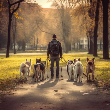 Group of Dogs Being Walked on Leashes by a Dog Walker AIの素材