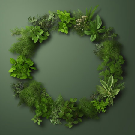 Circle of Fresh Green Herbs with Empty Space AIの素材