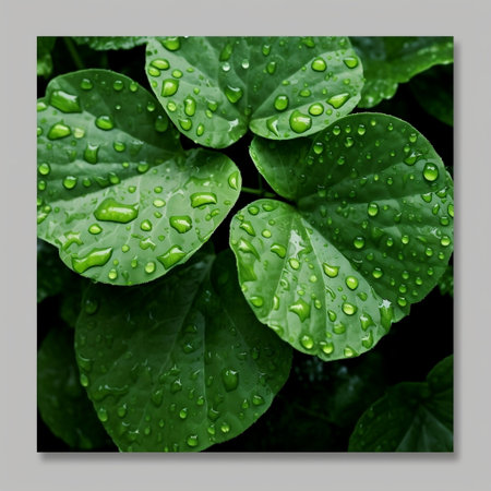 Rain-Kissed Fresh Green Leaves with Textured Drops AIの素材