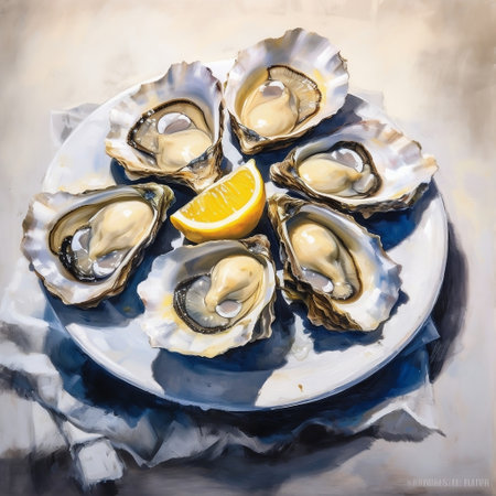 Plate of Raw Oysters with Ice and Lemon Slices AIの素材