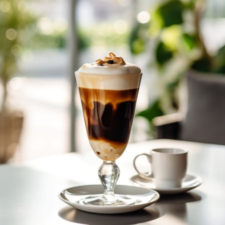 Stylish Coffee Cocktail on White Table in Nature AIの素材