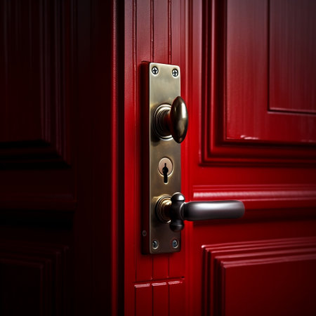 Close-Up of Red Door with Handle and Lock AIの素材