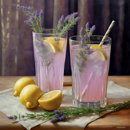 Two Ribbed Glasses of Lavender Lemonade AIの素材