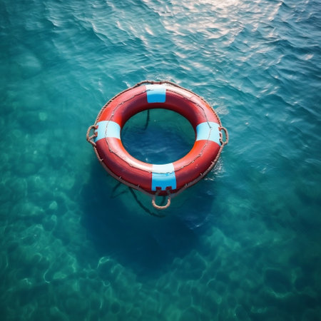 Lifebuoy Floating on Blue Water from Top View AIの素材