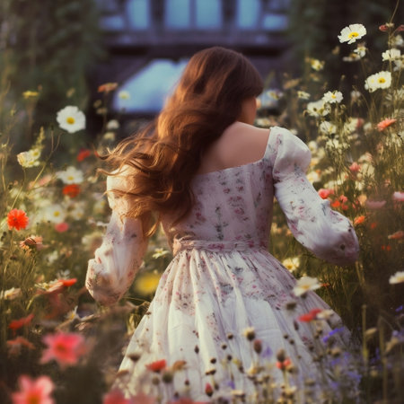Woman in White Dress Surrounded by Beautiful Wildflowers AIの素材