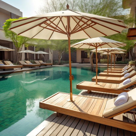 Wooden Sunbeds with Rattan Umbrellas near Swimming Pool AIの素材