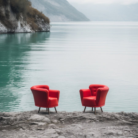 Two Red Chairs with Beautiful Sunset View AIの素材