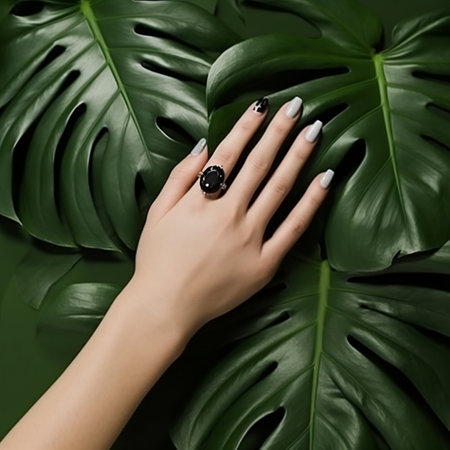 Woman's Hands with Beautiful Manicure Resting on Monstera Leaf AIの素材