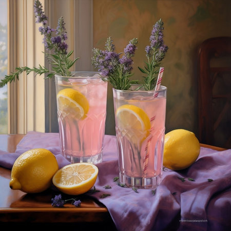 Two Ribbed Glasses of Lavender Lemonade AIの素材
