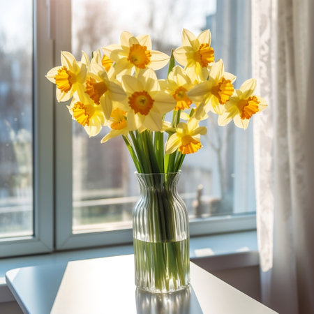 Yellow Daffodils in a Glass Vase Bathed in Sunlight AIの素材