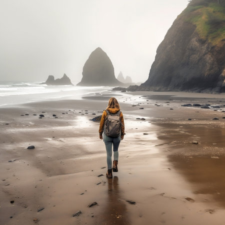 Woman Traveler on Oregon Pacific Coast during Rainy Day AIの素材