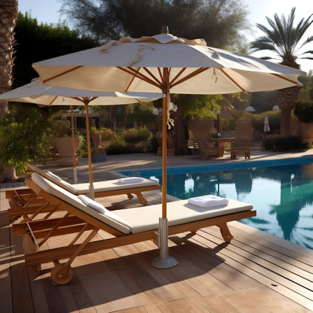 Wooden Sunbeds with Rattan Umbrellas near Swimming Pool AIの素材