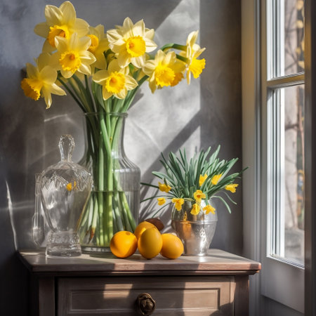 Yellow Daffodils in a Glass Vase Bathed in Sunlight AIの素材