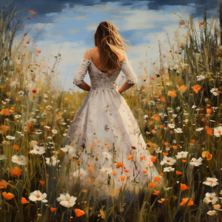 Woman in White Dress Surrounded by Beautiful Wildflowers AIの素材
