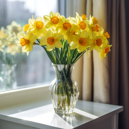 Yellow Daffodils in a Glass Vase Bathed in Sunlight AIの素材