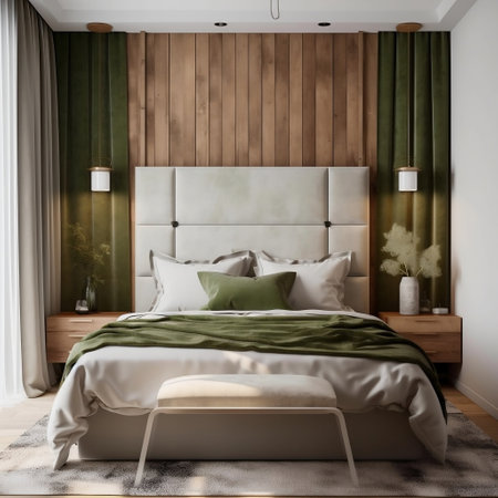 White-Themed Bedroom with a Wooden Headboard Generative AIの素材