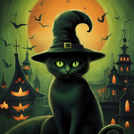 Black Cat with Green Eyes in a Hat and Haunted Setting Generative AIの素材