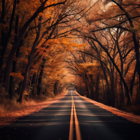 Picturesque Autumn Trees Lining a Serene Road Generative AIの素材