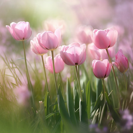 Close Up of Pink Tulips in a Spring Meadow Generative AIの素材
