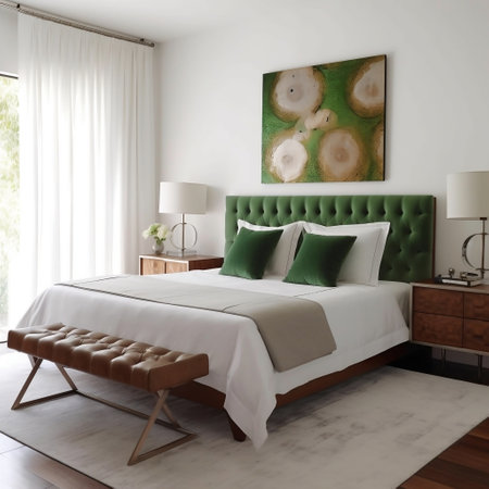 White-Themed Bedroom with a Wooden Headboard Generative AIの素材