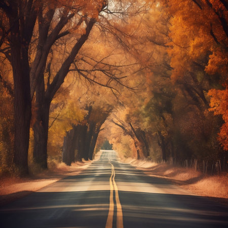 Picturesque Autumn Trees Lining a Serene Road Generative AIの素材