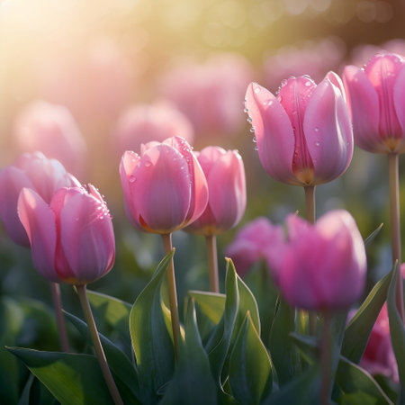 Close Up of Pink Tulips in a Spring Meadow Generative AIの素材