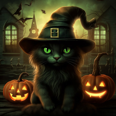 Black Cat with Green Eyes in a Hat and Haunted Setting Generative AIの素材