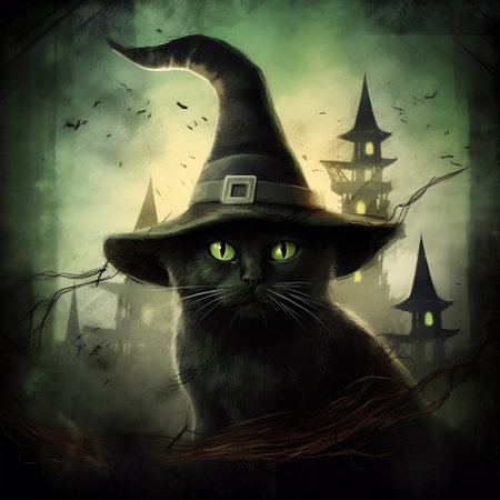 Black Cat with Green Eyes in a Hat and Haunted Setting Generative AIの素材