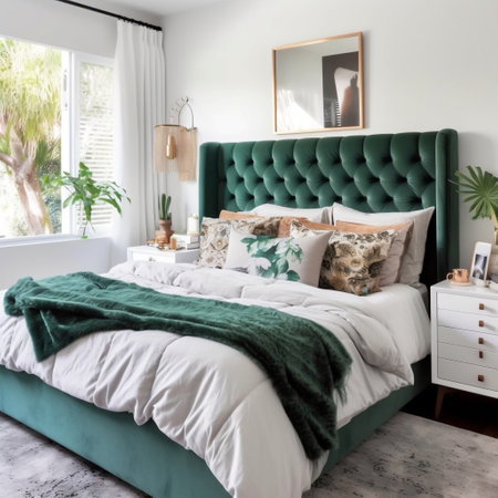 White-Themed Bedroom with a Wooden Headboard Generative AIの素材