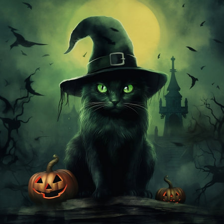 Black Cat with Green Eyes in a Hat and Haunted Setting Generative AIの素材