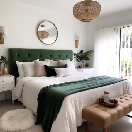White-Themed Bedroom with a Wooden Headboard Generative AIの素材