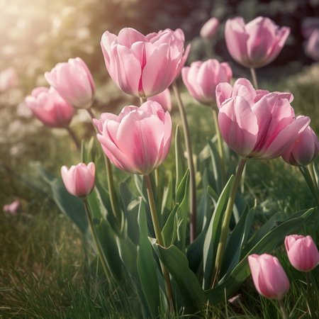 Close Up of Pink Tulips in a Spring Meadow Generative AIの素材