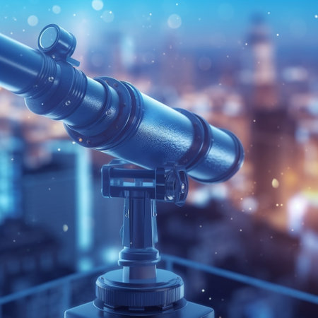 Blue Telescope with Blurred City Background Generative AIの素材