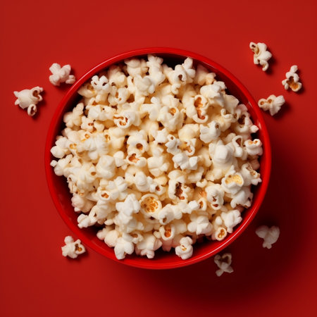 Top View of Popcorn Bowl on Red Background Generative AIの素材