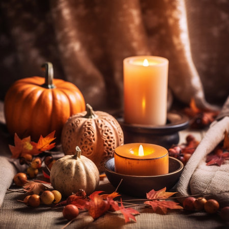 Cozy Fall Decor Burning Candle and Small Pumpkins Generative AIの素材