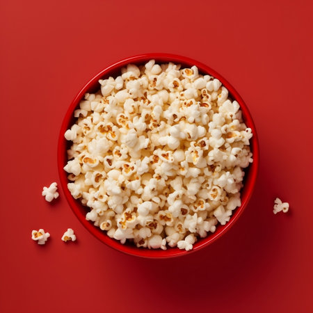 Top View of Popcorn Bowl on Red Background Generative AIの素材