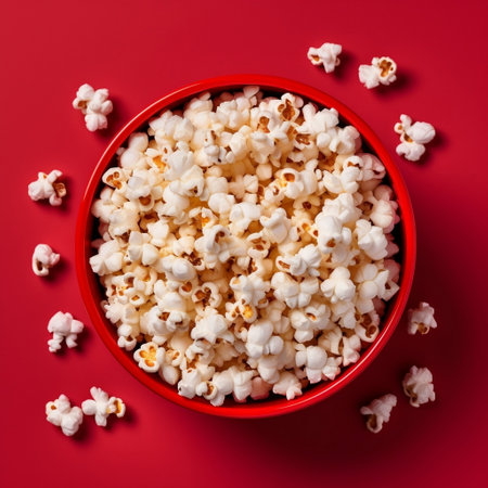 Top View of Popcorn Bowl on Red Background Generative AIの素材