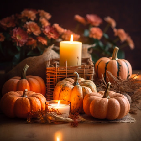 Cozy Fall Decor Burning Candle and Small Pumpkins Generative AIの素材