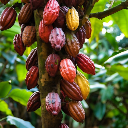 Close-Up of Ripe Cocoa Pods on the Tree Generative AIの素材