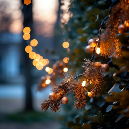 Close-Up of Outdoor Garland with Warm Lights Generative AIの素材