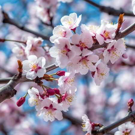 Beautiful Blooming Almond Tree Branches in Close-Up Generative AIの素材