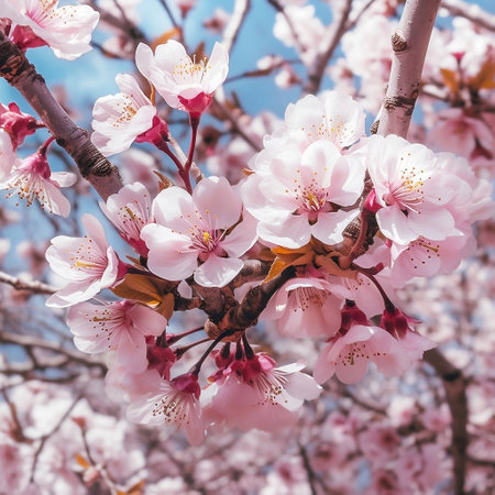Beautiful Blooming Almond Tree Branches in Close-Up Generative AIの素材