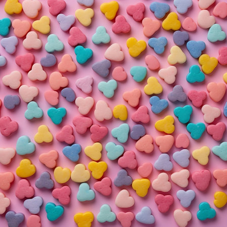 Colorful Heart-Shaped Sugar Candies on Pastel Pink Background Generative AIの素材